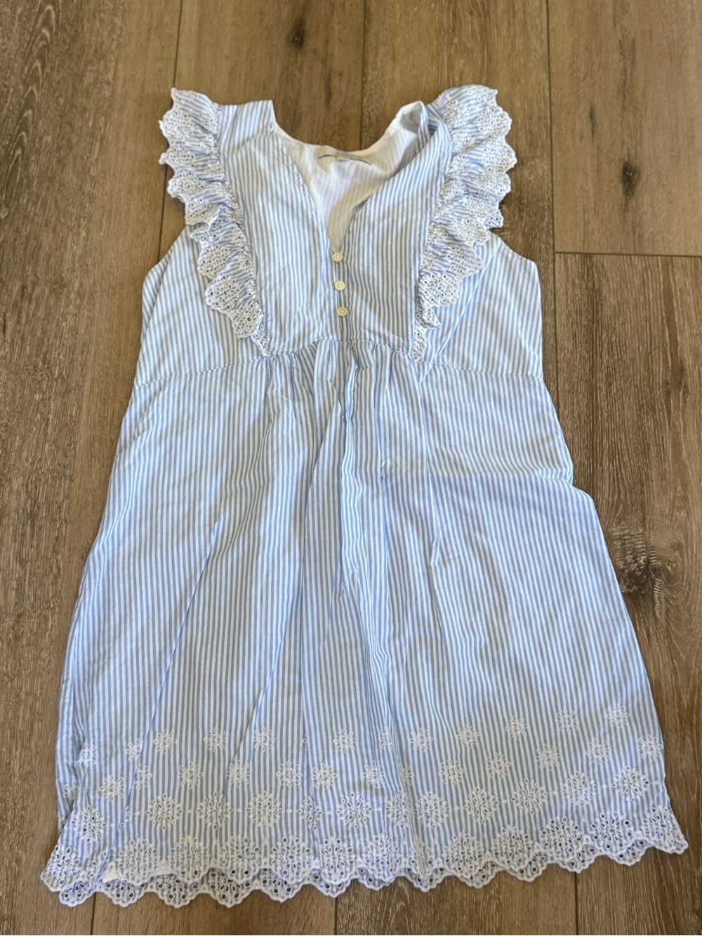 LOFT Light Blue and White Striped Mini Dress with Lace Trim
